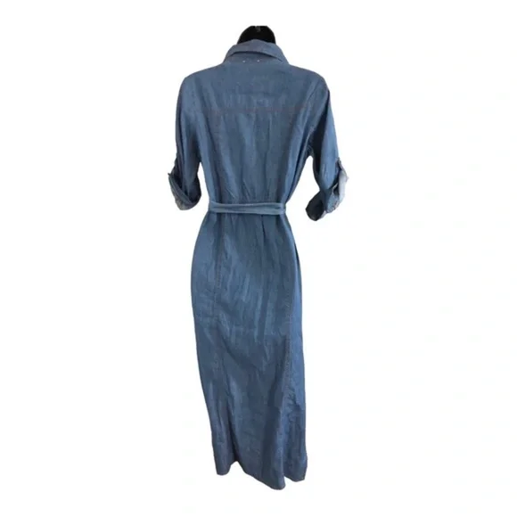 Blue denim fabric button front boho look belted dress size small brand new - Picture 12 of 16